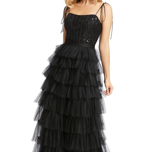 Ieena Mac Duggal Black Sequin Bustier Tier Tulle Gown
